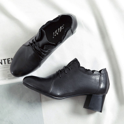 新款高跟鞋秋季2017新款韓版百搭粗跟單鞋女真皮女鞋系帶深口女士皮鞋 岸森圓頭單鞋型號【價格 圖片 品牌 報價】-蘇寧易購富天興鞋帽服飾專營店