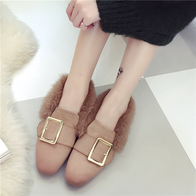 金屬方扣毛毛單鞋純色粗跟平底鞋保暖舒適女鞋新款 艾尚戀族坡跟單鞋DX4889【價格 圖片 品牌 報價】-蘇寧易購聯創服飾鞋帽專營店