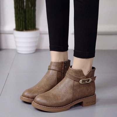 2017秋季韓版新款圓頭潮粗跟短靴側拉鏈馬丁靴女皮帶扣短筒靴子 東材馬丁靴型號【價格 圖片 品牌 報價】-蘇寧易購力盾服飾鞋帽專營店